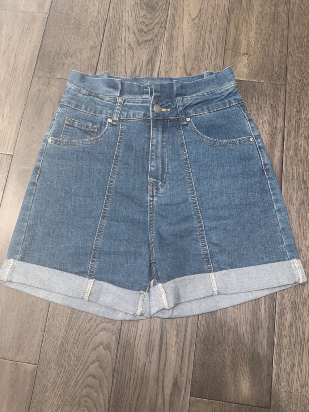 SHEIN Classic High-Waist Blue Denim Shorts with a ruffle like top